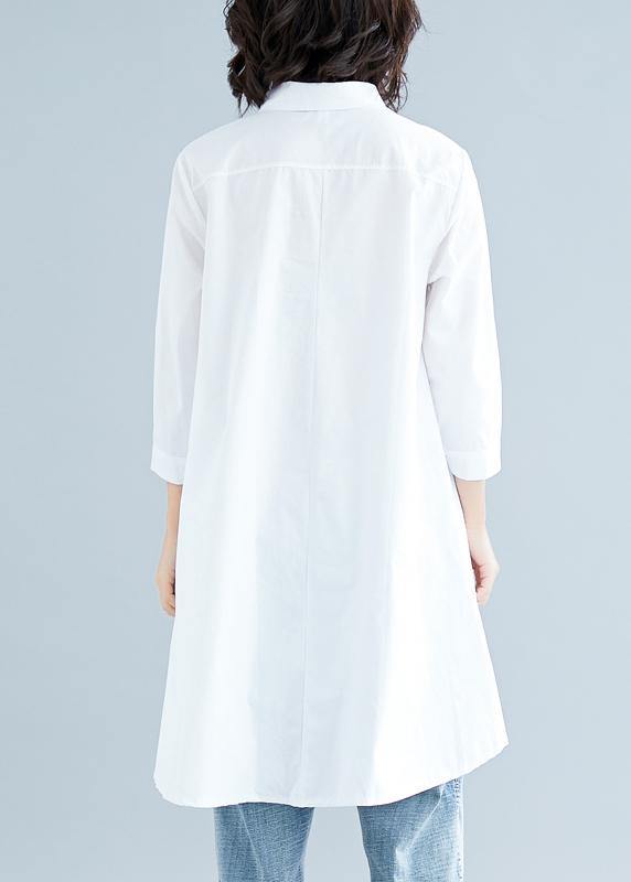 Loose white linen cotton Tunic Shirts lapel asymmetric tops - bagstylebliss
