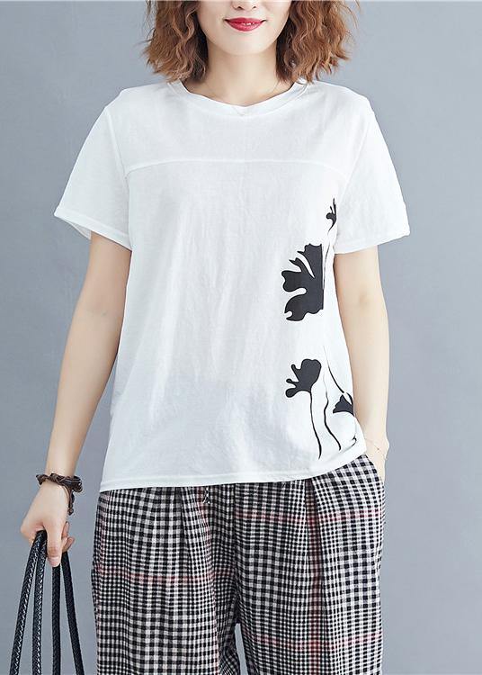 Loose white print cotton for women o neck daily summer tops - bagstylebliss