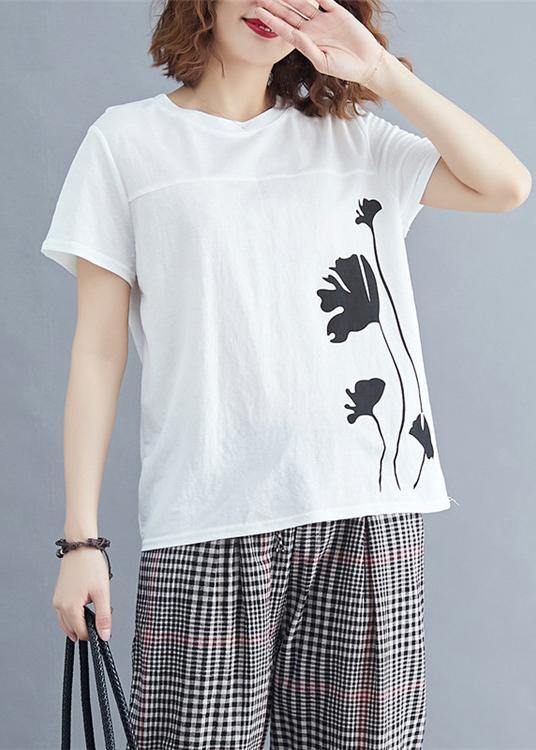 Loose white print cotton for women o neck daily summer tops - bagstylebliss