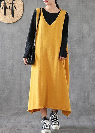 Loose yellow clothes Women v neck sleeveless loose Dress - bagstylebliss