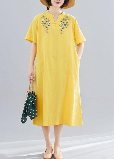 Loose yellow embroidery cotton clothes For Women v neck Dresses summer Dresses - bagstylebliss