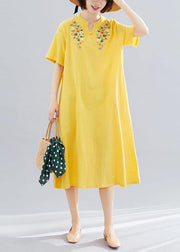 Loose yellow embroidery cotton clothes For Women v neck Dresses summer Dresses - bagstylebliss