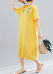 Loose yellow embroidery cotton clothes For Women v neck Dresses summer Dresses - bagstylebliss