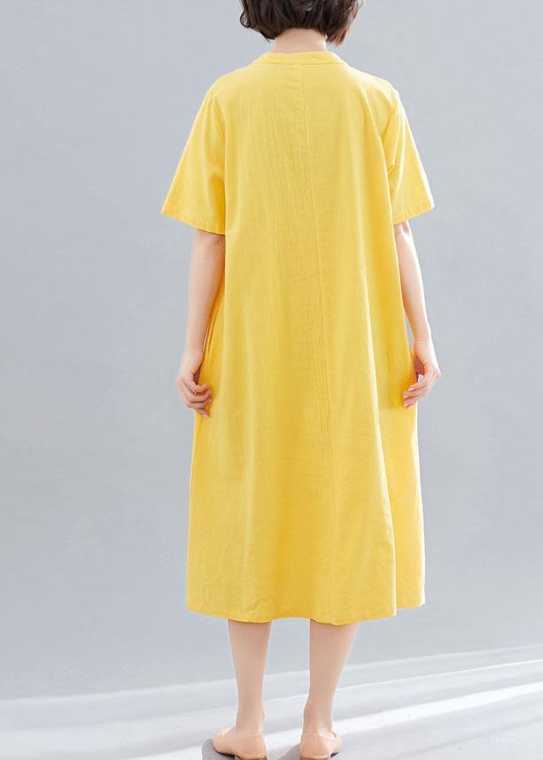 Loose yellow embroidery cotton clothes For Women v neck Dresses summer Dresses - bagstylebliss