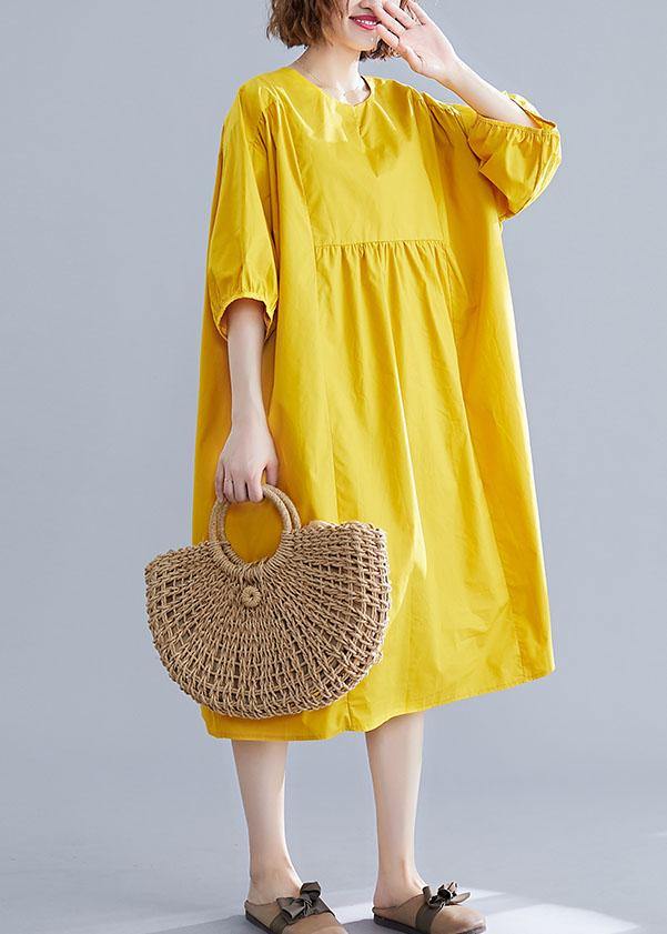 Loose yellow o neck cotton Tunics Cinched Maxi summer Dresses - bagstylebliss