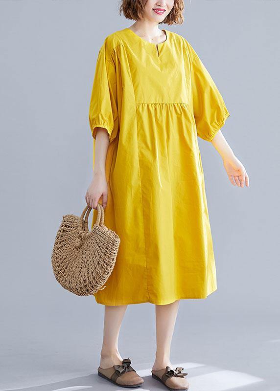 Loose yellow o neck cotton Tunics Cinched Maxi summer Dresses - bagstylebliss