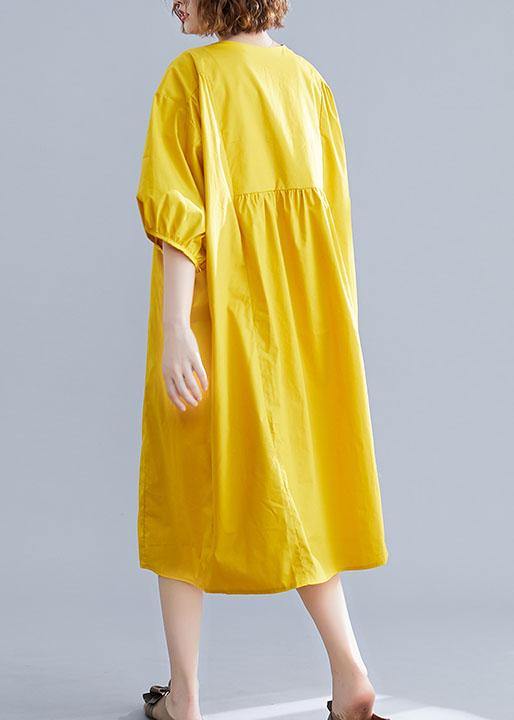 Loose yellow o neck cotton Tunics Cinched Maxi summer Dresses - bagstylebliss