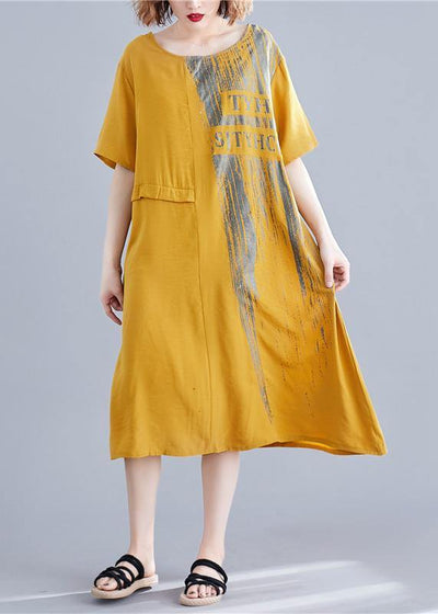Loose yellow print cotton outfit o neck pockets long summer Dresses - bagstylebliss