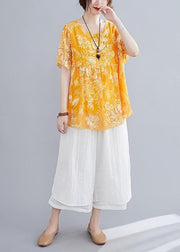 Loose yellow small floral cotton and linen top + wide leg pants casual two pieces - bagstylebliss