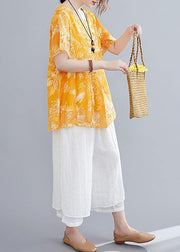 Loose yellow small floral cotton and linen top + wide leg pants casual two pieces - bagstylebliss