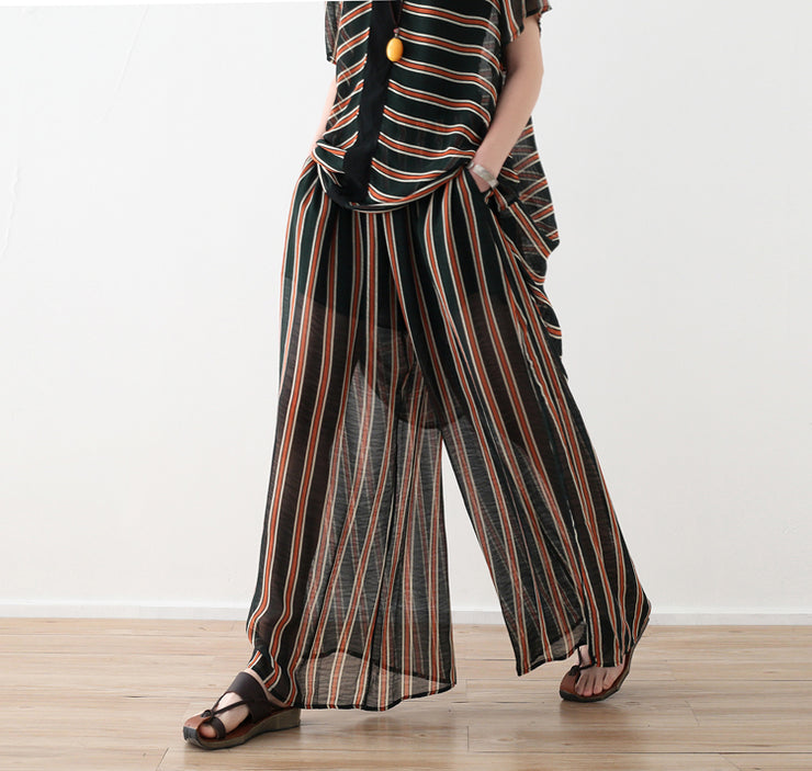 Loose yellow striped 2024 Ideas wide leg pants pockets long Summer pants