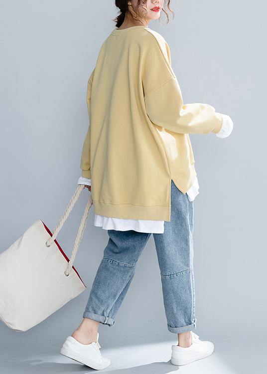 Loose yellow tunics for women o neck false two pieces Art shirt - bagstylebliss