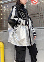 Loose zippered fine trench coat black patchwork silver silhouette jackets - bagstylebliss