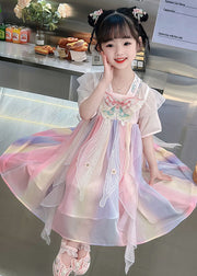 Lovely Pink Embroidered Butterfly Patchwork Chiffon Kids Girls Dresses Summer