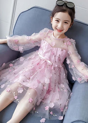 Lovely Pink Floral Decorated Patchwork Tulle Baby Girls Princess Dresses Summer