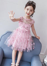 Lovely Pink Floral Decorated Patchwork Tulle Baby Girls Princess Dresses Summer