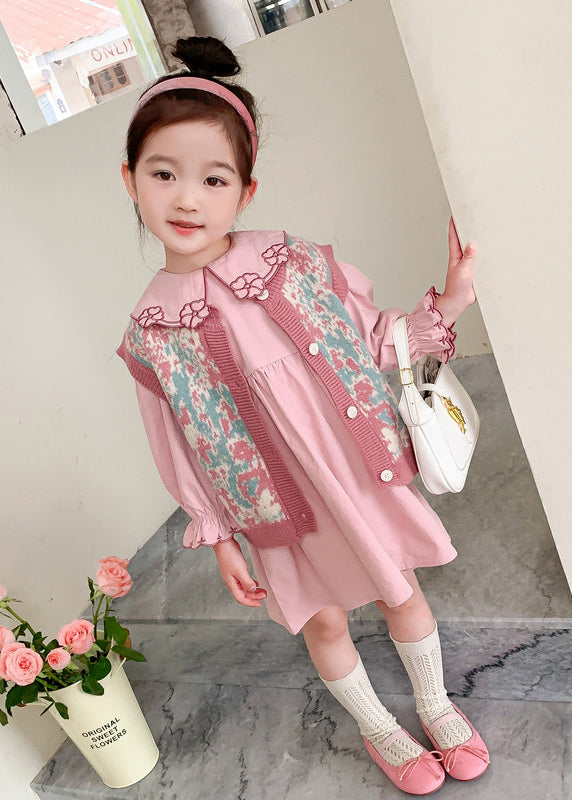 Lovely Pink Floral Vest And Dresses Cotton Baby Girls Two Pieces Set Fall