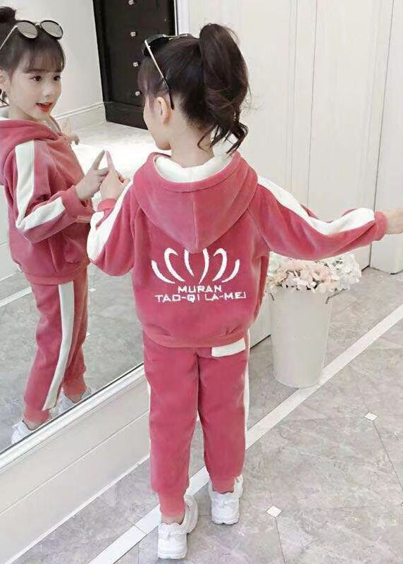 Lovely Pink Hooded Zippered Pockets Warm Fleece Girls Two Pieces Set Winter