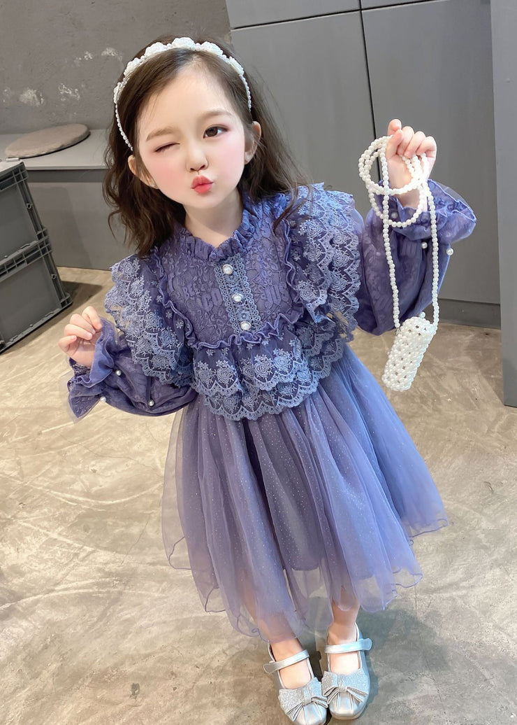 Lovely Purple Ruffled Lace Patchwork Tulle Baby Girls Dress Fall