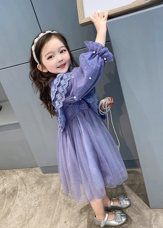 Lovely Purple Ruffled Lace Patchwork Tulle Baby Girls Dress Fall