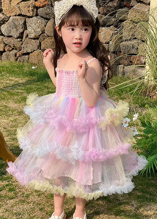 Lovely Rainbow Ruffled Layered Patchwork Tulle Baby Girls Dresses Sleeveless