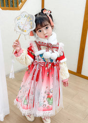 Lovely Steawberry Rabbit Print Patchwork Warm Fleece Kids Tulle Long Dress Long Sleeve