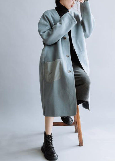 Luxury  oversize Coats winter  women coats blue v neck Button Down Woolen Coat - bagstylebliss