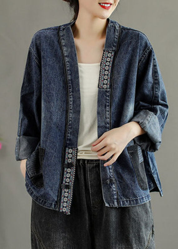 Luxury Black Embroidered Pockets Button Patchwork Fall Denim Coat