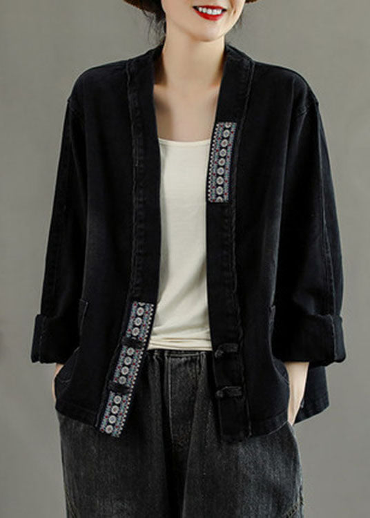 Luxury Black Embroidered Pockets Button Patchwork Fall Denim Coat