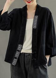 Luxury Black Embroidered Pockets Button Patchwork Fall Denim Coat