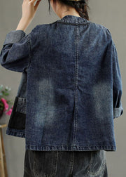 Luxury Black Embroidered Pockets Button Patchwork Fall Denim Coat