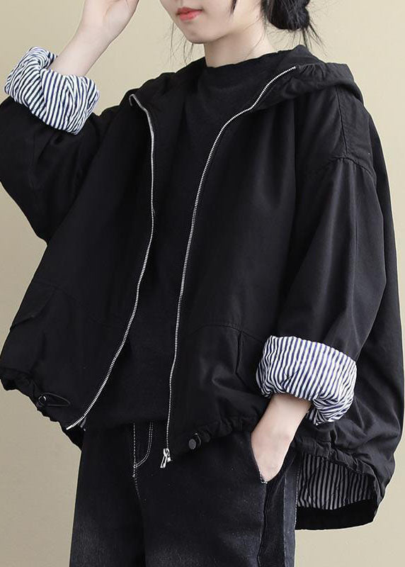 Luxury Black Hooded Zippered Winter Cotton Long sleeve Coat