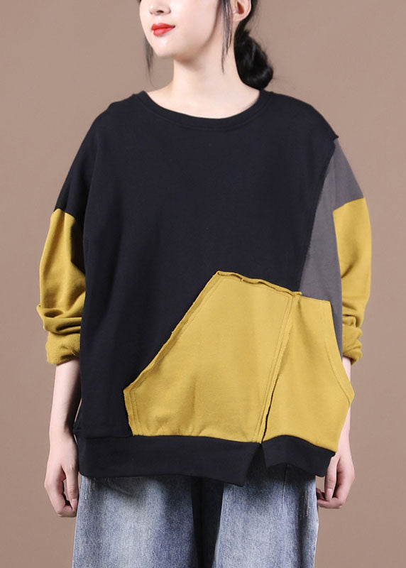 Luxury Black Patchwork Yellow Loose Fall Sweatshirt Street Wear