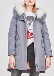 Luxury Blue Grey hooded Fur collar drawstring Winter Duck Down Winter Coats