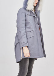 Luxury Blue Grey hooded Fur collar drawstring Winter Duck Down Winter Coats