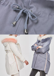 Luxury Blue Grey hooded Fur collar drawstring Winter Duck Down Winter Coats