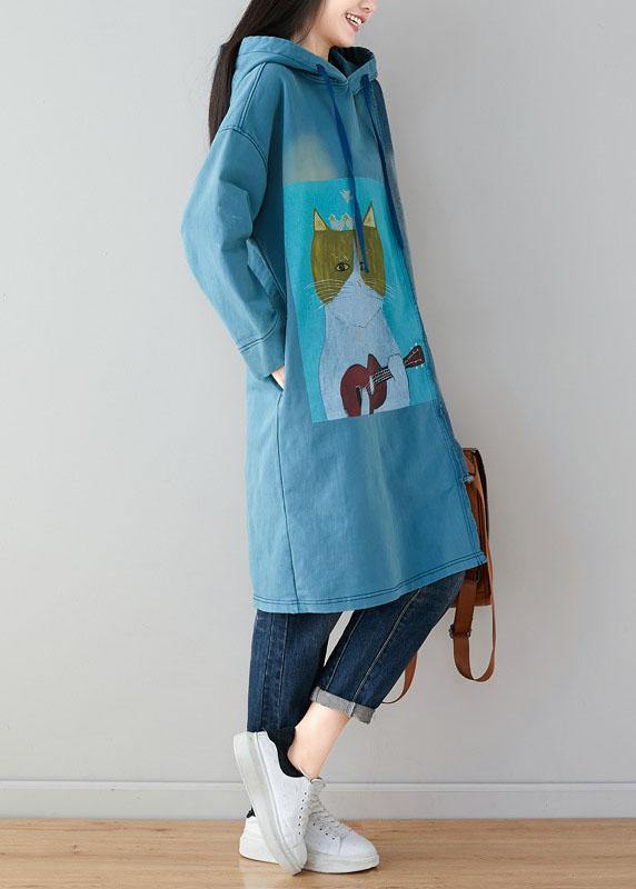 Luxury Blue Hooded Pockets Patchwork Asymmetrical Design Print Fall Pullover Sweatshirt - bagstylebliss