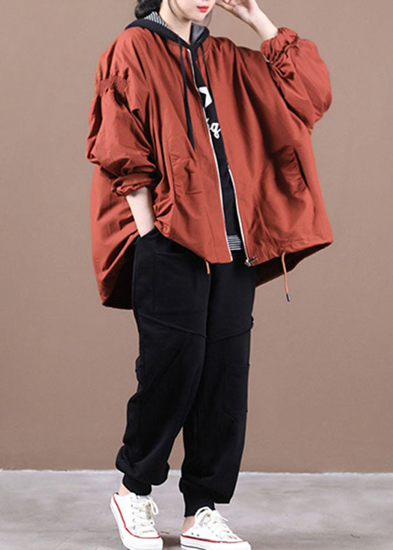 Luxury Brick Red Loose Zippered Wrinkled Fall Coats Long Sleeve