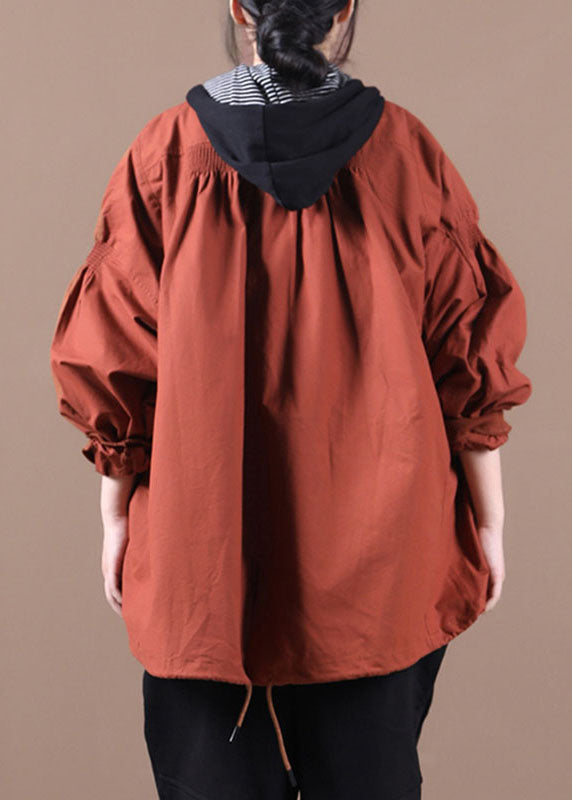 Luxury Brick Red Loose Zippered Wrinkled Fall Coats Long Sleeve