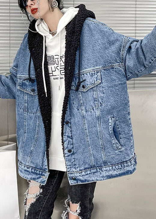 Luxury Denim Blue Pockets Patchwork Thick Winter Jacket