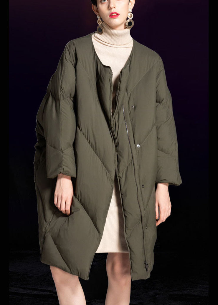 Luxury Green O-Neck zippered Loose Winter Duck Down Coats