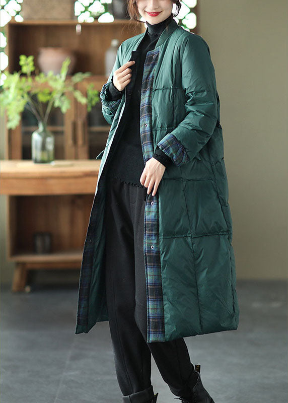 Luxury Green Stand Collar Button Pockets Patchwork Winter Down Coat