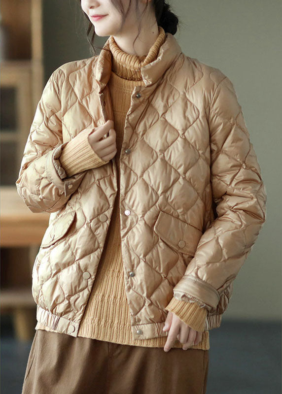 Luxury Light Green Stand Collar Pockets Button Winter Down Coat