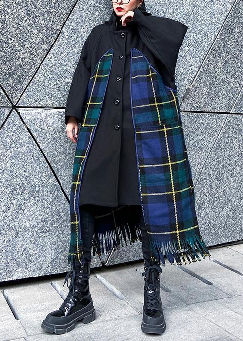 Luxury Loose fitting Jackets & Coats patchwork coat blue plaid tassel woolen outwear - bagstylebliss