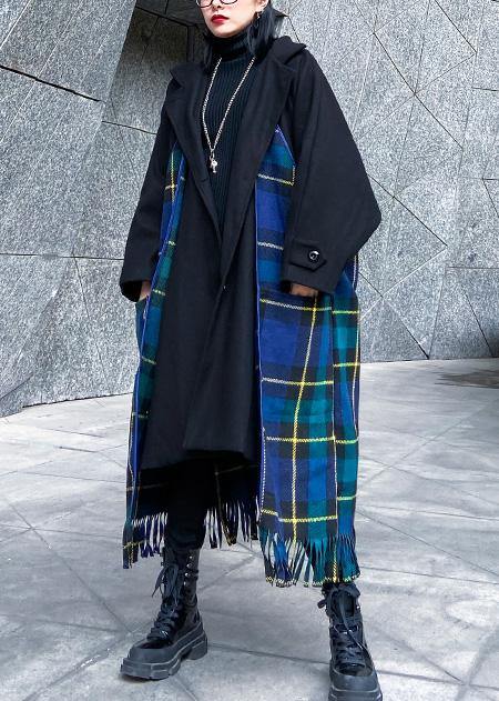 Luxury Loose fitting Jackets & Coats patchwork coat blue plaid tassel woolen outwear - bagstylebliss