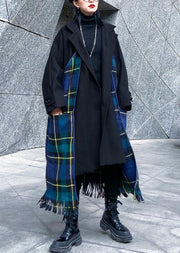 Luxury Loose fitting Jackets & Coats patchwork coat blue plaid tassel woolen outwear - bagstylebliss