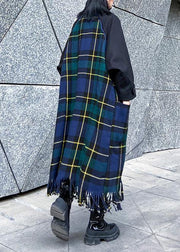 Luxury Loose fitting Jackets & Coats patchwork coat blue plaid tassel woolen outwear - bagstylebliss