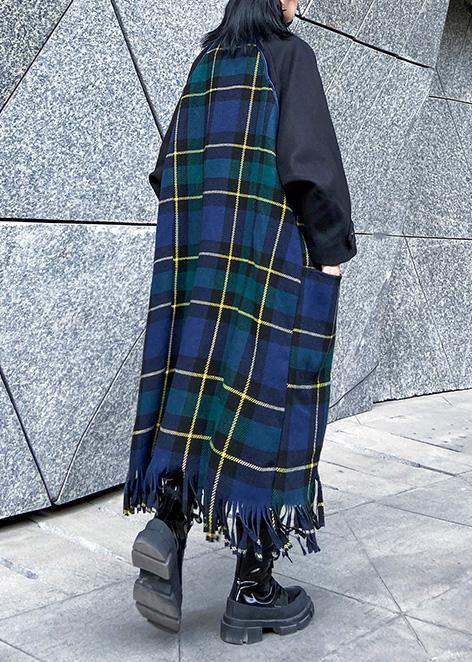 Luxury Loose fitting Jackets & Coats patchwork coat blue plaid tassel woolen outwear - bagstylebliss