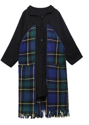 Luxury Loose fitting Jackets & Coats patchwork coat blue plaid tassel woolen outwear - bagstylebliss