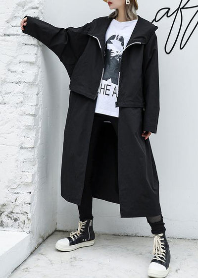 Luxury Loose fitting long hooded outwear black patchwork pockets coats - bagstylebliss